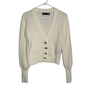 Stella & Lorenzo Cream Ribbed Bling Button Front V-Neck Cardigan Sweater Small